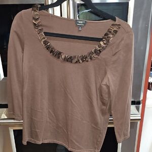 Talbots Brown Ruffle Trim Long Sleeve Top